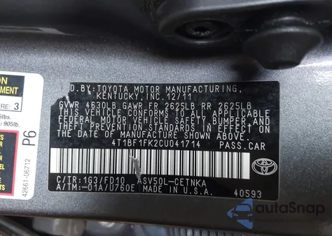 2012 Toyota Camry Le из США, поврежденный, VIN 4T1BF1FK2CU041714